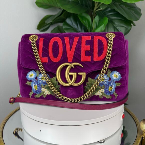 💎✨Authentic Gucci Velvet Matelasse Loved Embroidered Shoulder Bag Violet - Picture 1 of 8